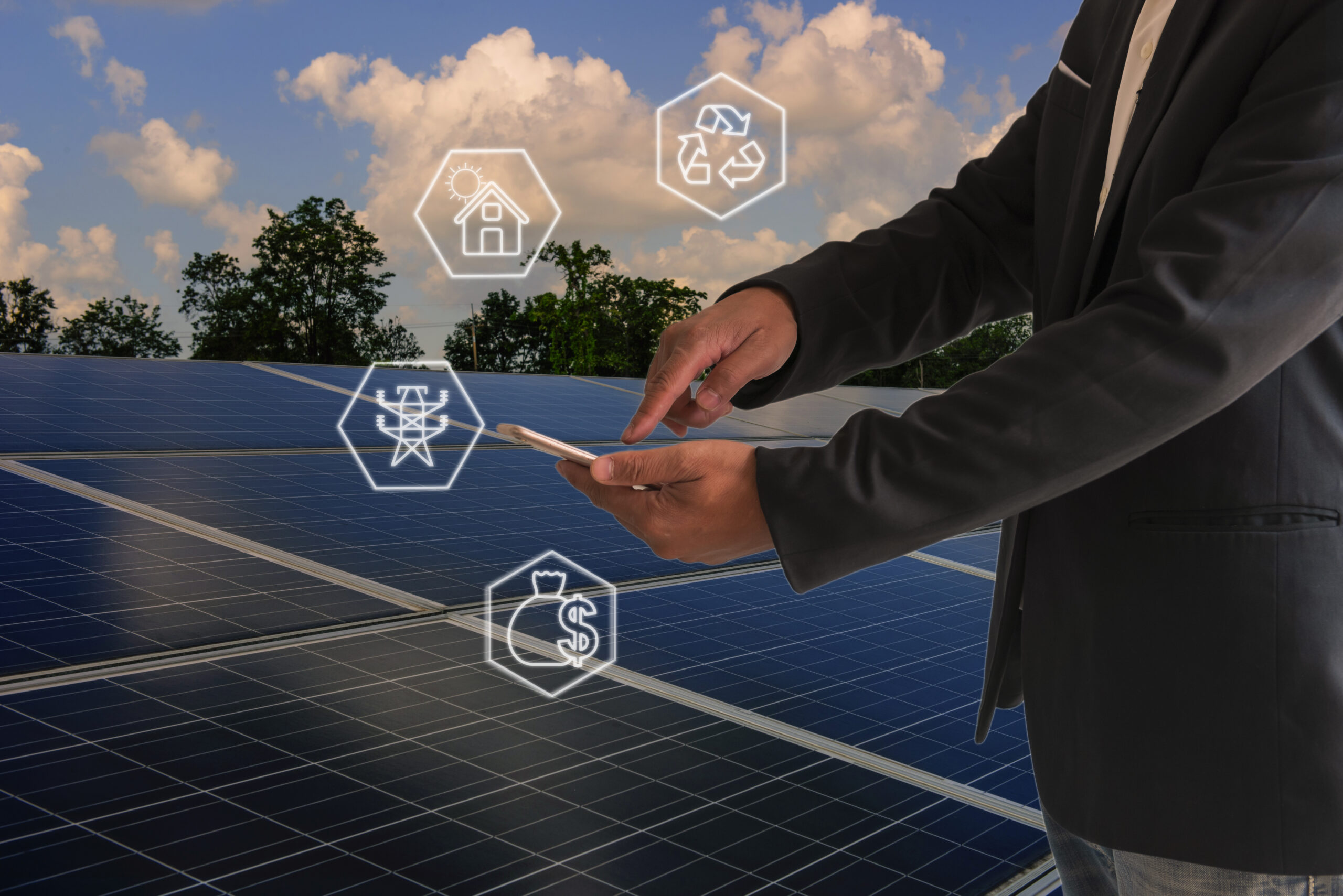 Corporate manager presenting on how to sell electricity from rooftop solar back to the grid. Industry and technology concept for energy producer-consumer, power generation, virtual power plant.